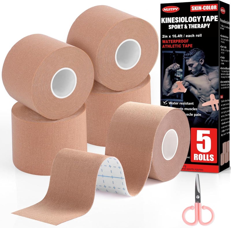 NUITPY 5 Rolls Kinesiology Tape, 2 inch x 16.4 Feet Waterproof Athletic Tape, Uncut Kinetic Tape, Muscle Tape, Sports Tape, Knee Tape for Exercise and Daily Use - Skin Color - Image 1